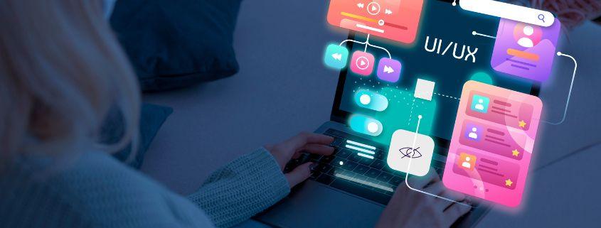 come-migliorare-l-esperienza-utente-del-tuo-sito-web Persona al computer con grafiche digitali che rappresentano concetti di UI/UX design.