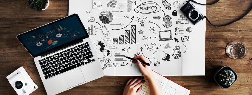 strategie-di-marketing-digitale-che-funzionano-il-nostro-metodo Un tavolo da lavoro dove vengono discusse idee di marketing e una grande lavagna con disegni e grafici legati al business e al marketing digitale. Sul tavolo sono presenti un computer portatile, un tablet, una macchina fotografica, una tazza di caffè e materiale da ufficio.