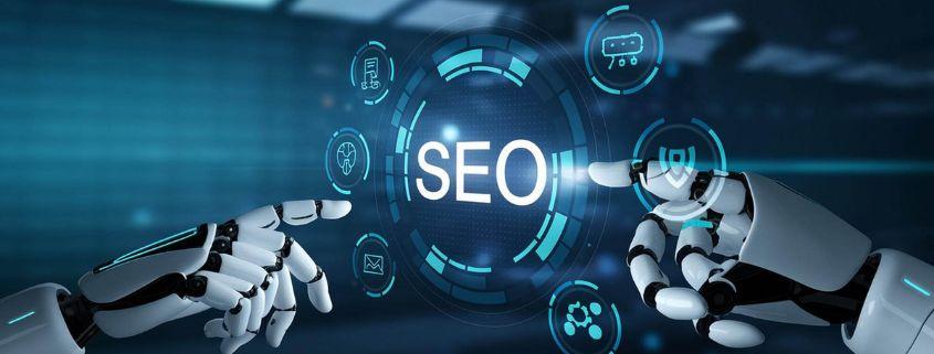 google-penalizza-i-contenuti-generati-dall-intelligenza-artificiale Mani robotiche che evidenziano elementi SEO